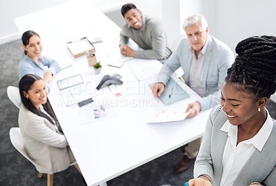 Buy stock photo Presentation, business meeting and african woman, manager or presenter talking, show ideas and leadership. Happy discussion, proposal and people with speaker speaking, training and results to clients