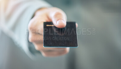 Buy stock photo Hand, credit card and money with a business person closeup for financial banking or accounting. Finance, payment and economy with a corporate employee paying using a bank service for saving wealth
