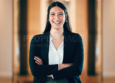 Buy stock photo Portrait, smile and arms crossed with a corporate business woman in her professional workplace. Happy, mindset and confident with a happy female employee standing in her office wearing a power suit