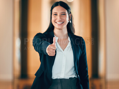 Buy stock photo Portrait, smile and thumbs up with a professional business woman in her corporate workplace. Happy, motivation and confident with a happy female employee standing in her office wearing a power suit