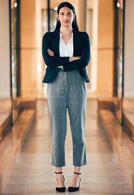 Buy stock photo Woman, professional and serious in portrait with arm at the office as leader in entrepreneurship. Female expert, determined and manager at business with arms at an agency for career with confidence.