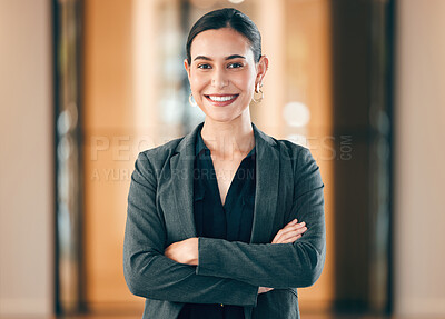 Buy stock photo Portrait, smile and arms crossed with a professional business woman in her corporate workplace. Happy, vision and confident with a happy female employee standing in her office wearing a power suit