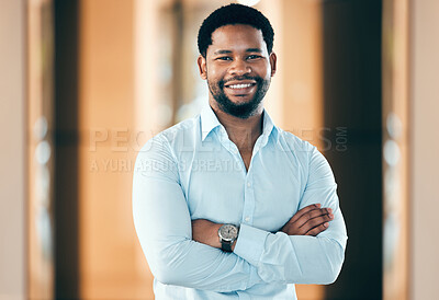 Buy stock photo Portrait, business and black man with arms crossed, smile and corporate career with success, startup and professional. Face, male person and employee with happiness, consultant and agent with growth
