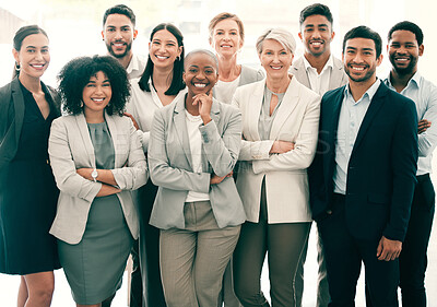 Buy stock photo Group, diversity and portrait of team in business together with arms crossed at work, company teamwork and collaboration in the workplace. People, face and happy working in professional office