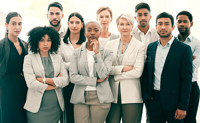 Buy stock photo Teamwork, arms crossed and portrait of business people in office for professional, support and diversity. Solidarity, mission and corporate with group of employees for collaboration and partnership