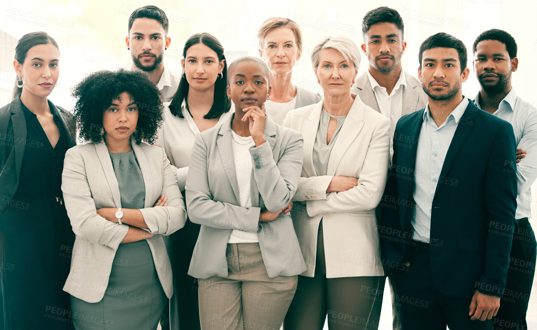Buy stock photo Teamwork, arms crossed and portrait of business people in office for professional, support and diversity. Solidarity, mission and corporate with group of employees for collaboration and partnership