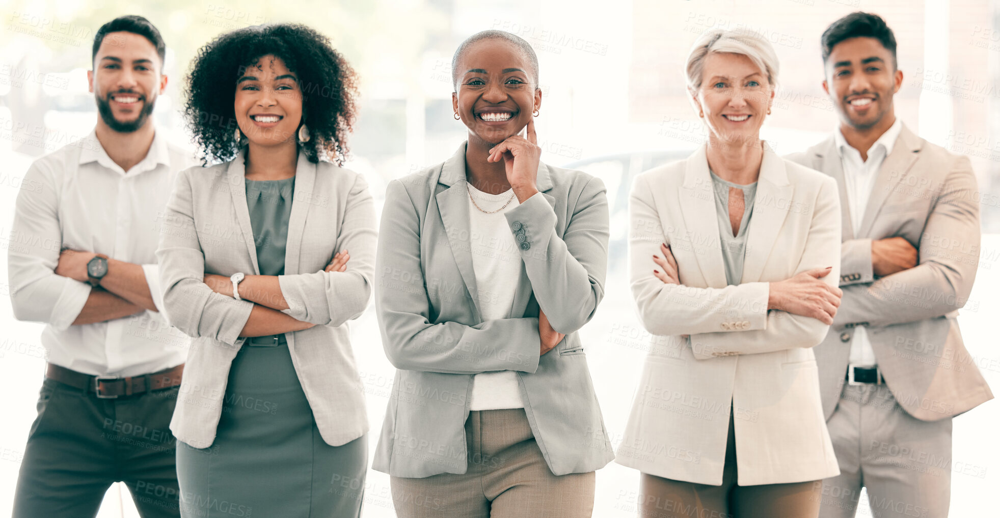 Buy stock photo Portrait, lawyers and group of business people with arms crossed in office. Confidence, team and happy employees, men and women, attorneys and collaboration for diversity, solidarity or cooperation