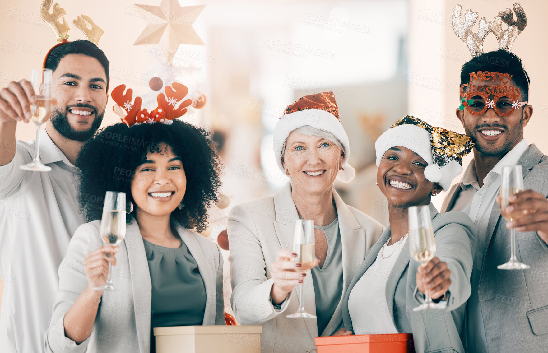 Buy stock photo Portrait, toast or happy business people in Christmas party in celebration of target or success or growth. Champagne, xmas bonus or cheers with team, wine or group of friends at work for winning goal