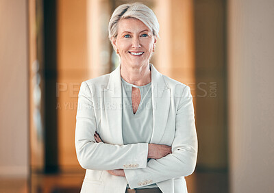 Buy stock photo Portrait, smile and arms crossed with a senior business woman in her corporate workplace. Happy, vision and leadership with a happy mature female manager standing in her office wearing a power suit