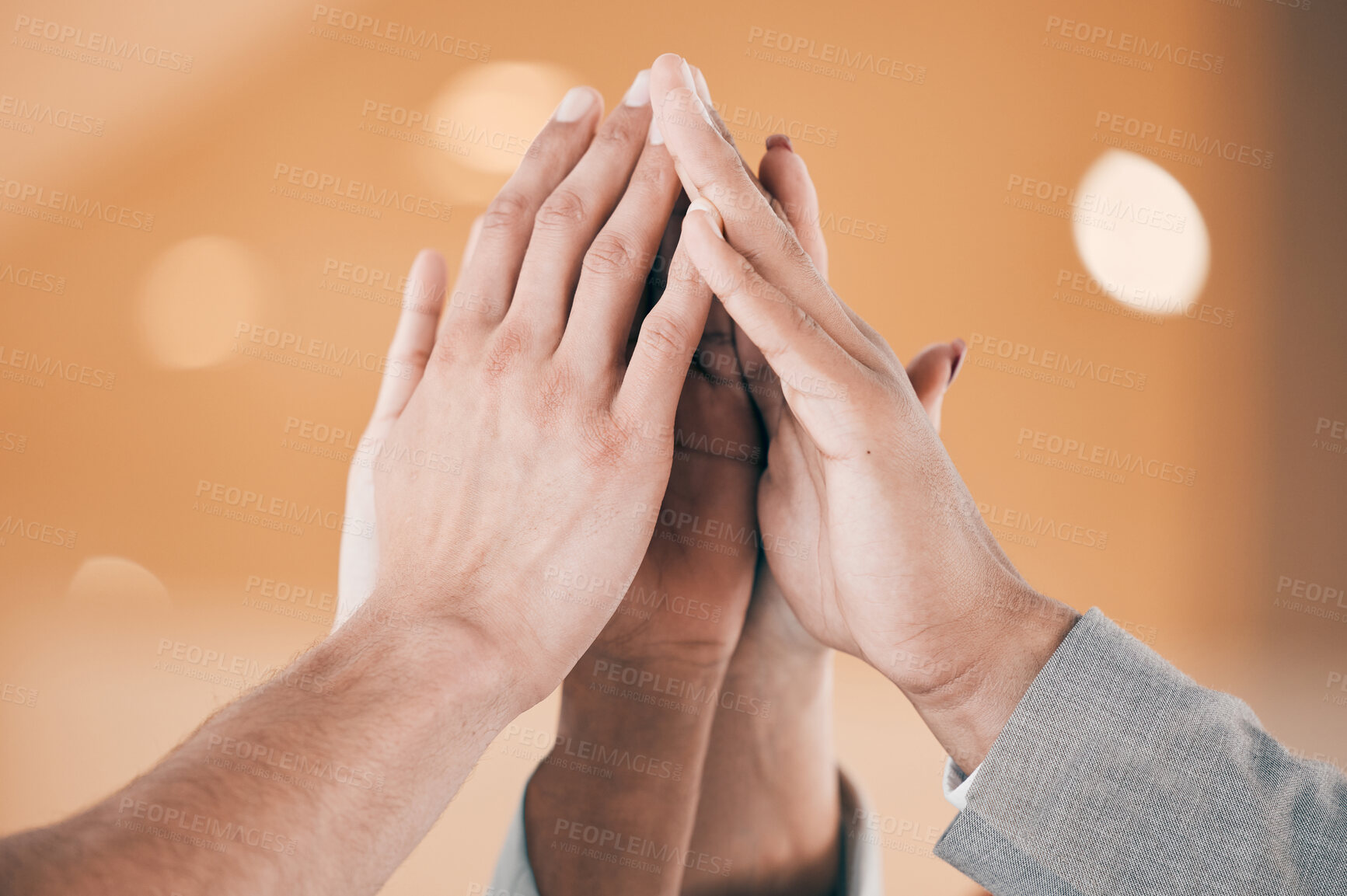 Buy stock photo High five, motivation or hands of business people with success celebration of goals, mission or funding. Partnership, closeup or consultants in office for winning sales, teamwork or bonus together 