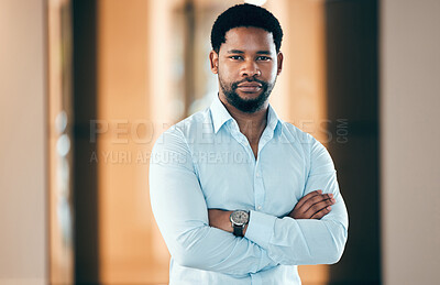 Buy stock photo Portrait, accountant and serious black man with arms crossed for business in company office. Face, confident and professional, entrepreneur and auditor from South Africa with pride for success mockup