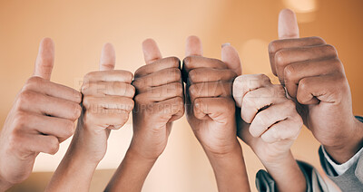 Buy stock photo Business people, hands and thumbs up for success and team work, group with hand gesture for review or feedback. Support, motivation and community with colleagues and sign for achievement or yes emoji