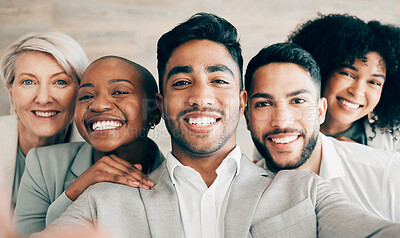 Buy stock photo Selfie, businessman and smile for company diversity, team collaboration and professional happiness in workplace. Group, people and portrait for about us web post on social media or corporate website