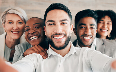 Buy stock photo Business, people and smile for company selfie with diversity, team collaboration or professional happiness in workplace. Group, businessman or portrait for about us web post on social media website
