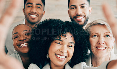 Buy stock photo Business, selfie and smile for company diversity, team collaboration and professional happiness in workplace. Group, portrait or pov of people in office for about us web social media post or website