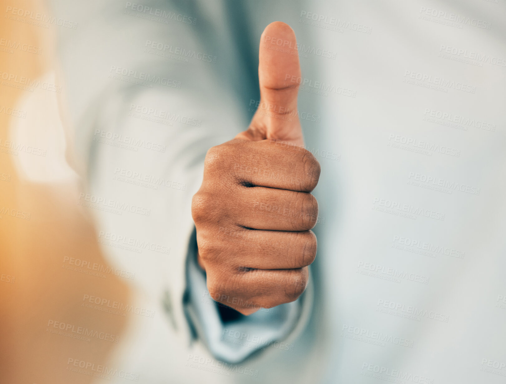 Buy stock photo Hand, thumbs up and business person show support, thank you and excellence for success in office closeup. Like, gesture and sign for feedback, review and vote winner with yes emoji or agreement