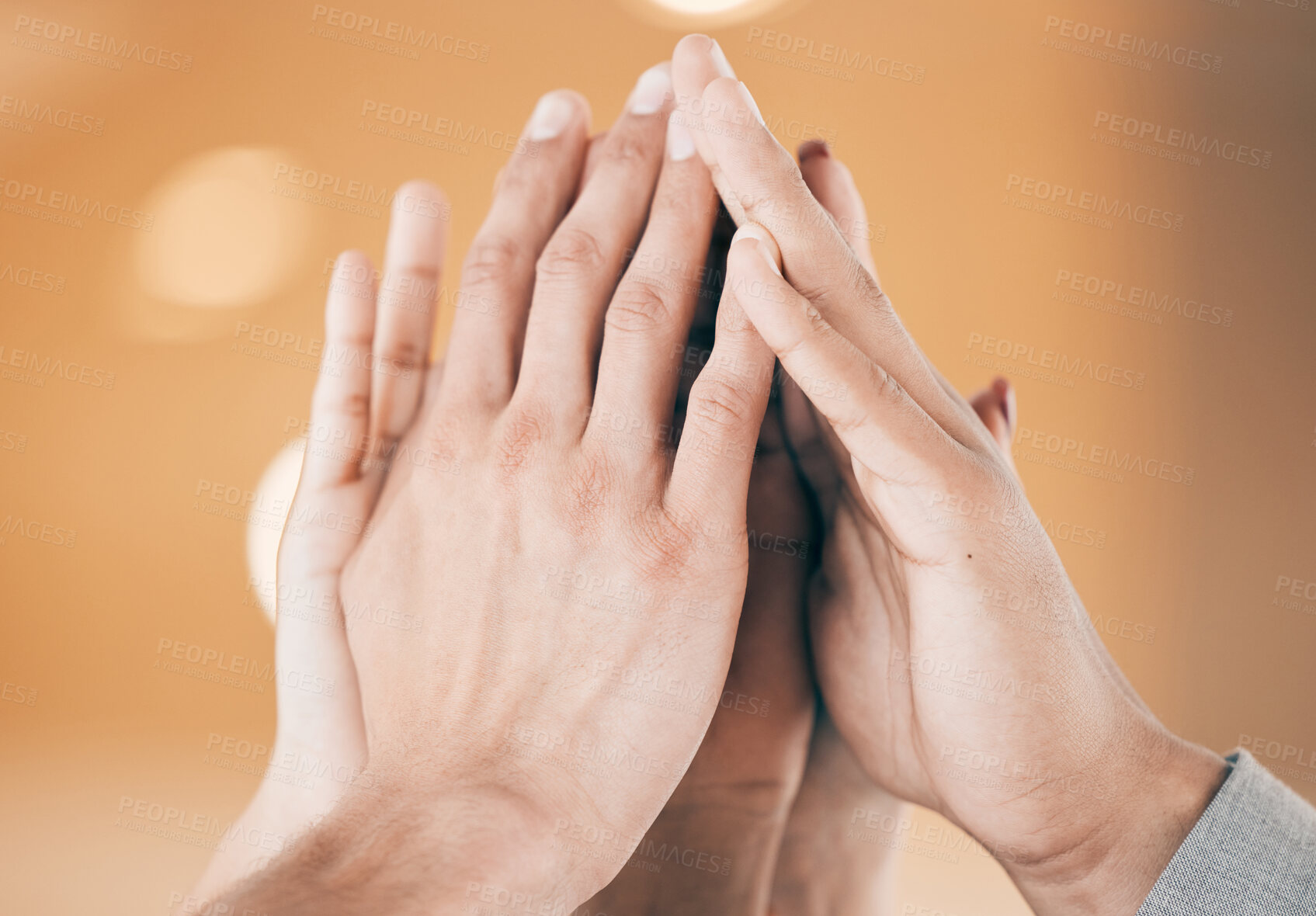 Buy stock photo High five, teamwork or hands of business people with success celebration of goals, mission or funding. Partnership, closeup or consultants in office for winning sales, motivation or bonus together 