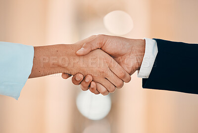 Buy stock photo Closeup, business people and shaking hands for deal, partnership and b2b collaboration together. Support, teamwork and handshake for hiring agreement, recruitment opportunity and welcome to office