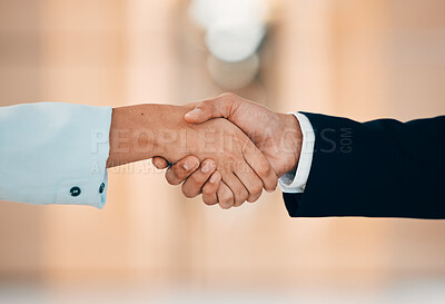 Buy stock photo Closeup, business people and handshake for deal, partnership and b2b collaboration together. Support, teamwork and shaking hands for hiring agreement, recruitment opportunity and welcome to office