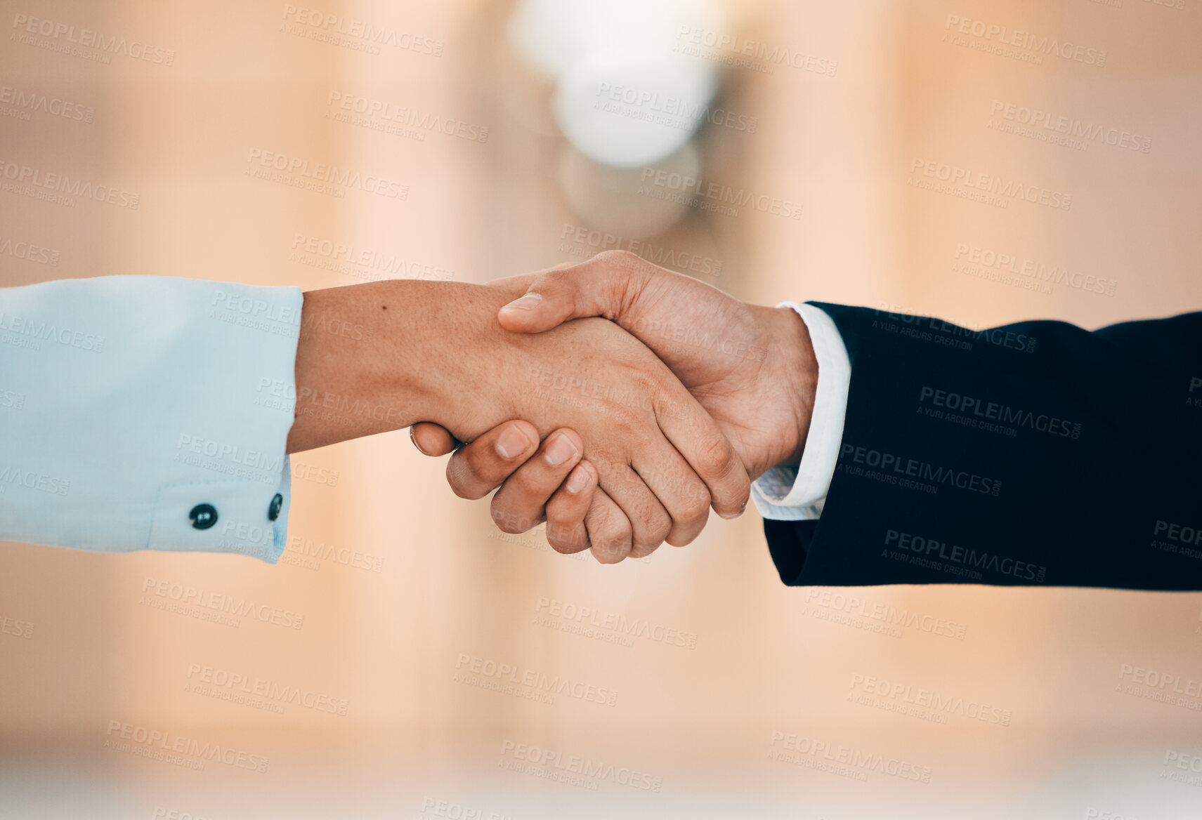 Buy stock photo Closeup, business people and handshake for deal, partnership and b2b collaboration together. Support, teamwork and shaking hands for hiring agreement, recruitment opportunity and welcome to office