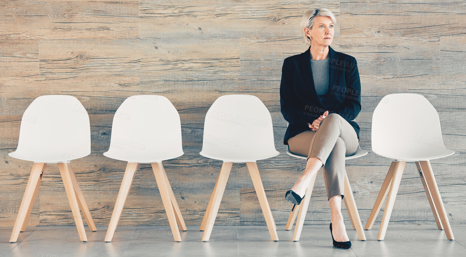 Buy stock photo Business woman, thinking and chairs for job opportunity, interview and recruitment for selection and hr. Female person, office and waiting room as candidate in corporate, hire for employment contract