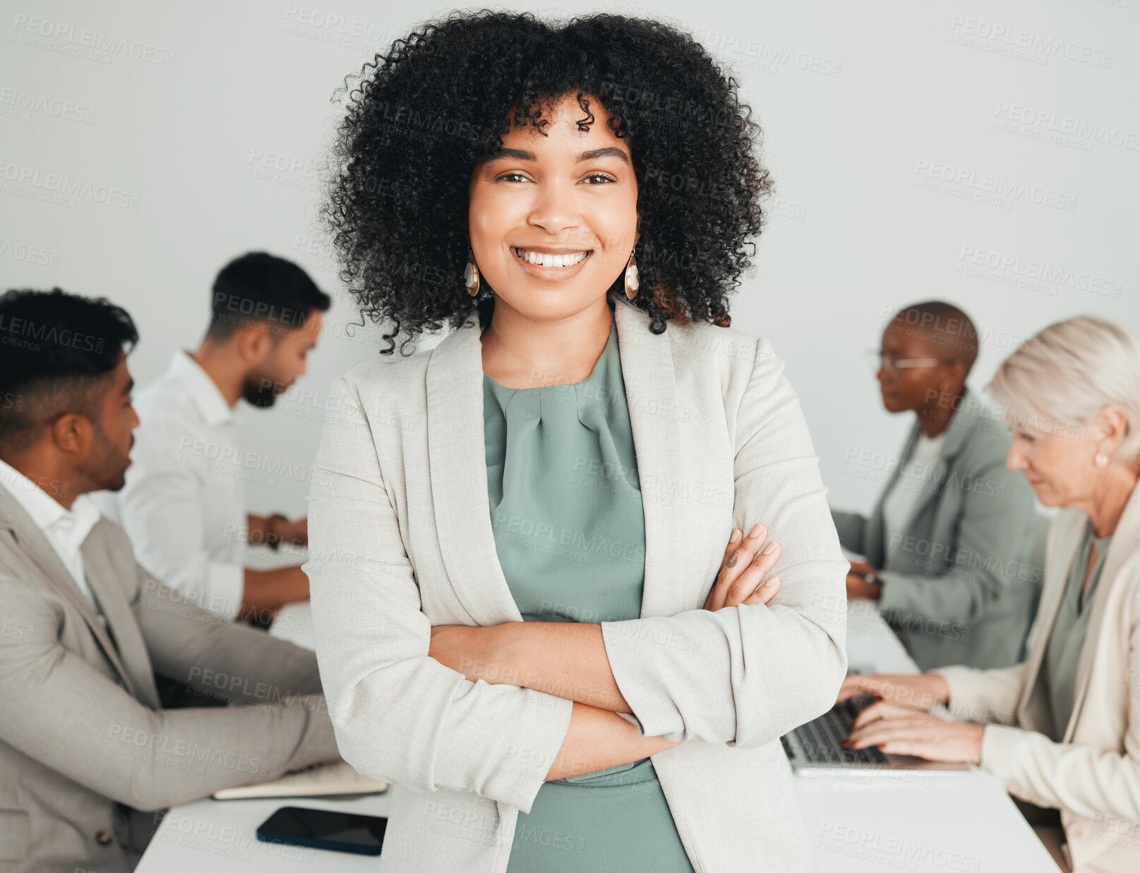 Buy stock photo Ams crossed, portrait and businesswoman in office for workshop, strategy and meeting with team. Pride, coaching and African female person in conference room for webinar and online for convention 