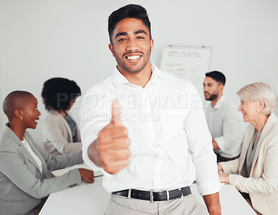 Buy stock photo Portrait, thumbs up and success in office for businessman, strategy and planning with team. Meeting, achievement and male person in conference room for collaboration, promotion and career in agency 