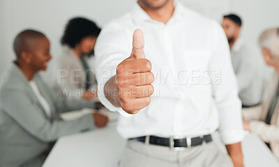 Buy stock photo Thumbs up, hand and success in office for businessman, strategy and planning with team. Meeting, achievement and male person in conference room for collaboration, promotion and career in agency 