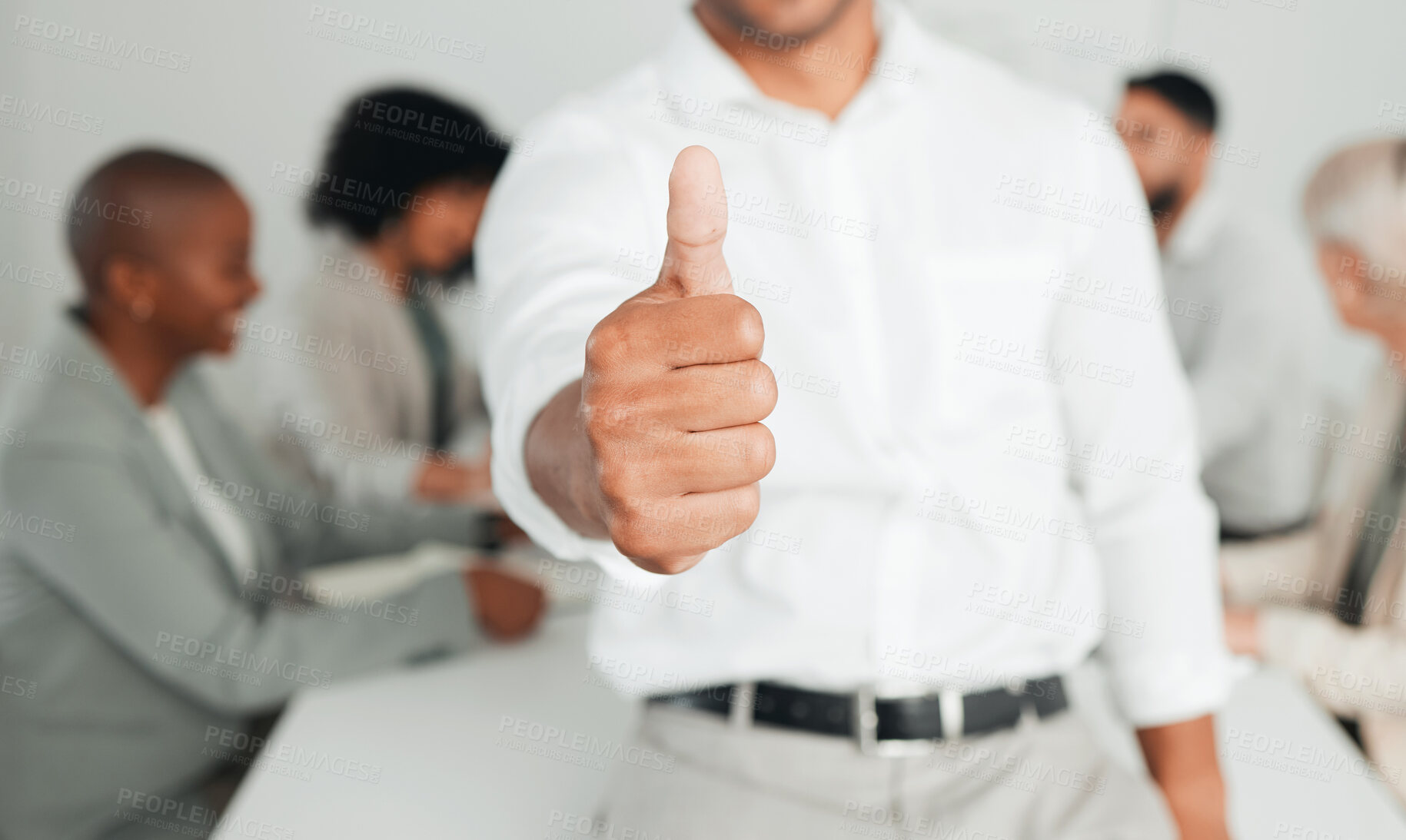 Buy stock photo Thumbs up, hand and success in office for businessman, strategy and planning with team. Meeting, achievement and male person in conference room for collaboration, promotion and career in agency 