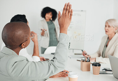 Buy stock photo Shot of a businesswoman raising his hand to ask a question in a meeting at work