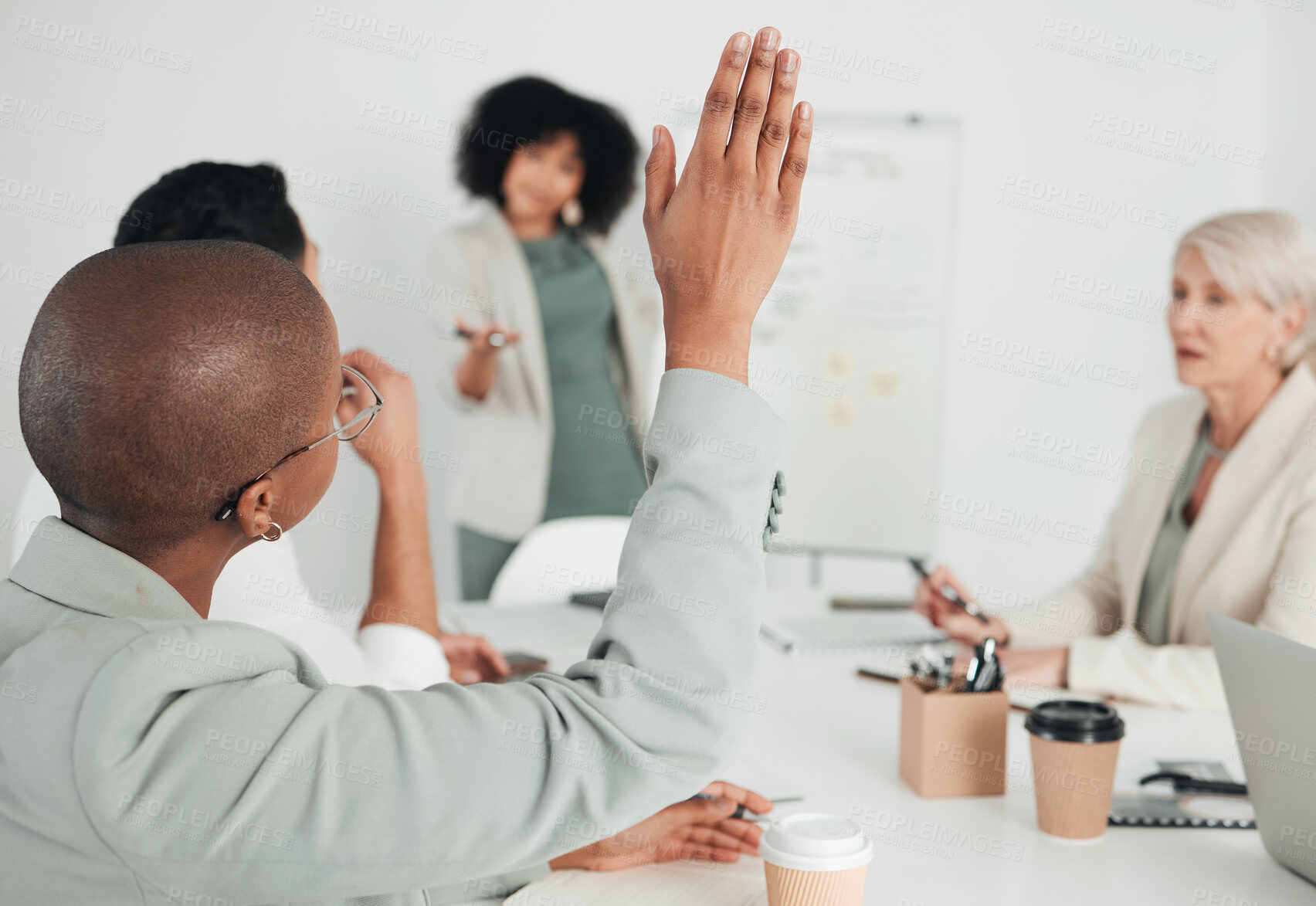 Buy stock photo Hands up, solution or business people in presentation or meeting asking questions for answer or ideas. Teamwork, woman or employees participation in group discussion for problem solving or teaching