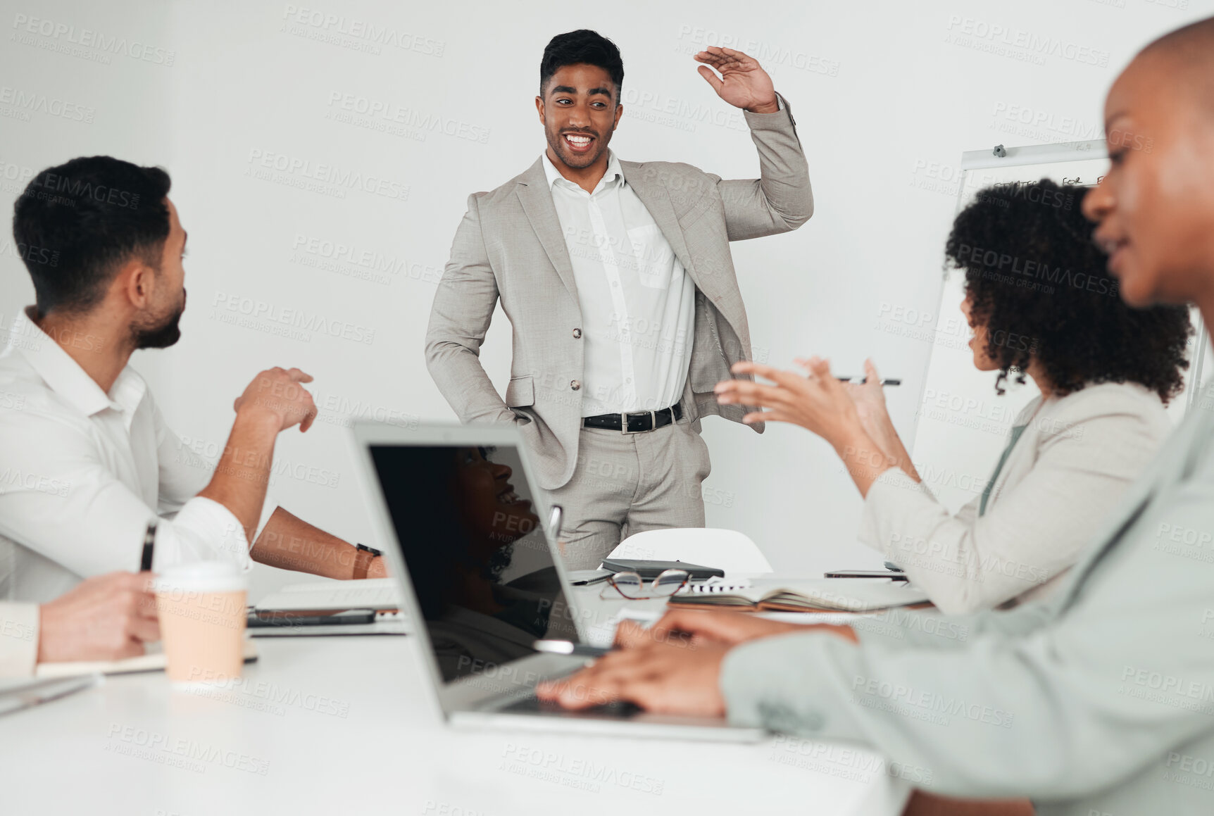 Buy stock photo Presentation, talking and businessman in coaching meeting for staff training, proposal pitch and office workshop. Speaker guy, mentor and seminar for education, planning project and skill development