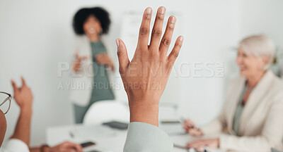 Buy stock photo Shot of an unrecognizable businessperson raisign their hand to ask a question in a meeting at work
