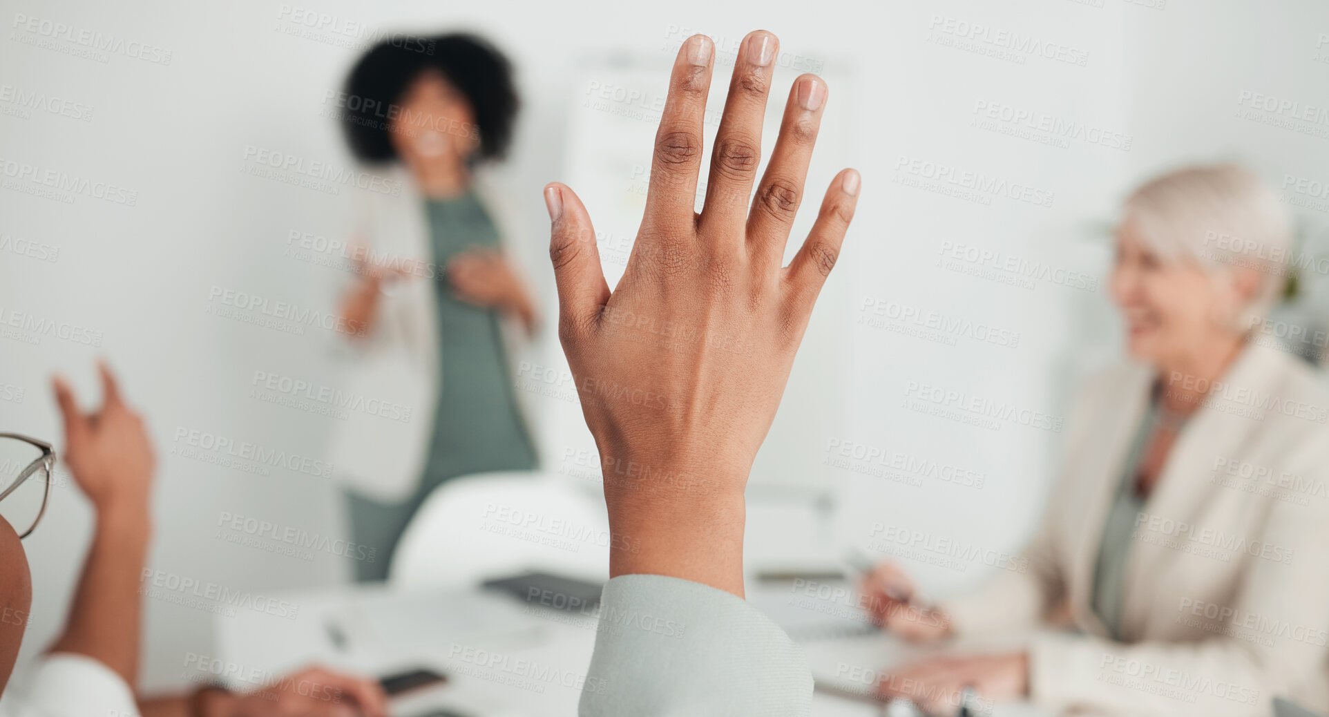 Buy stock photo Hands up, closeup or business people in presentation asking questions for answer, meeting or ideas. Teaching, vote or employees participation in group discussion for problem solving, faq or solution