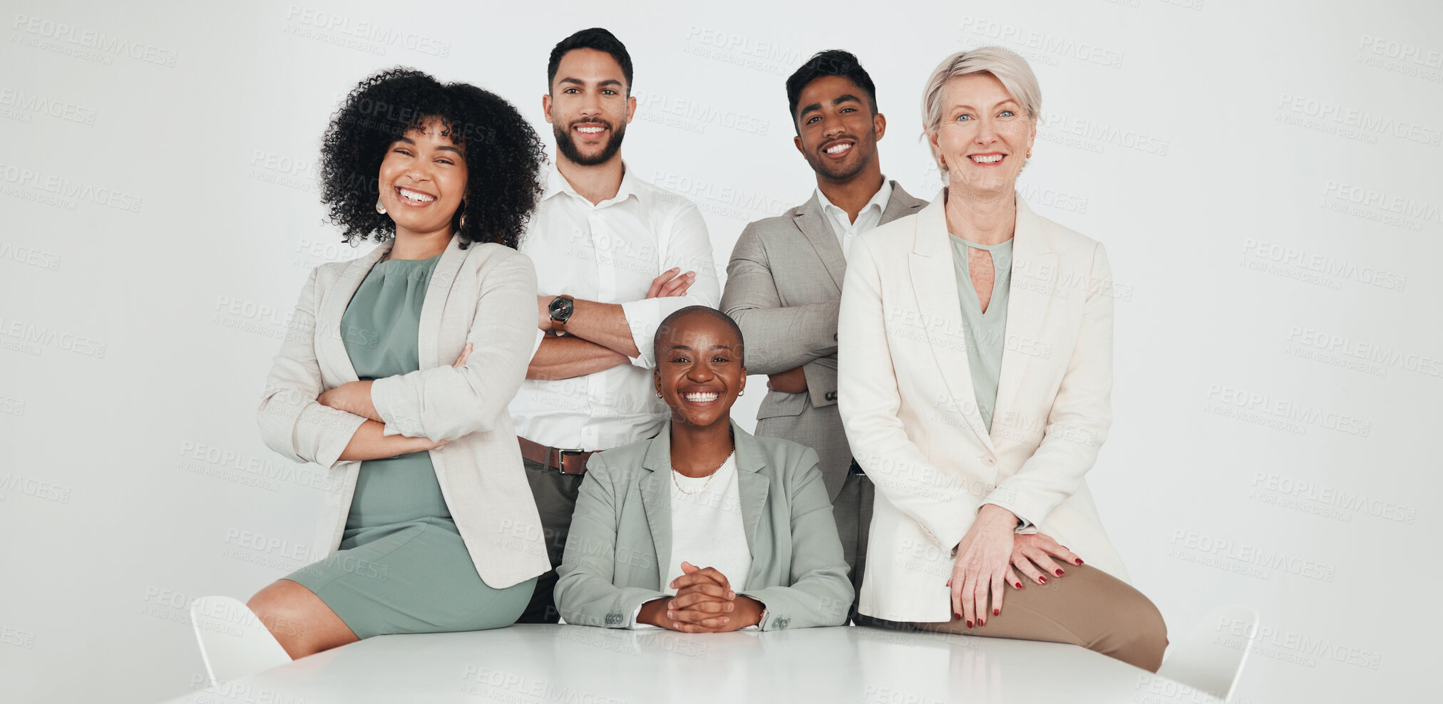 Buy stock photo Happy, diversity portrait of business people by desk for legal company, leadership and support. Employees, smile and team at corporate law firm for solidarity, collaboration or confidence in teamwork