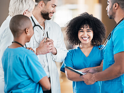 Buy stock photo Woman, portrait and group of nurses in discussion, consultation or happy medical collaboration with doctors. Face, smile and nurse working with people, team and healthcare workers in hospital