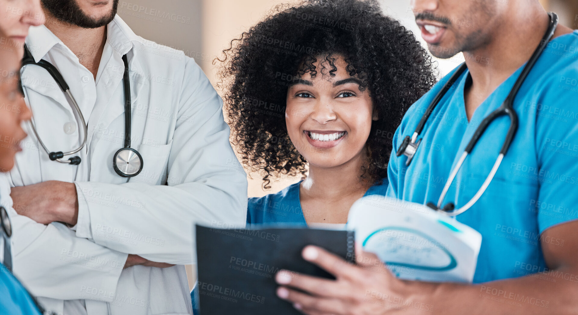 Buy stock photo Portrait, woman and doctors in meeting with collaboration for healthcare, conversation and planning surgery together. Clinic staff, nurse face and smile for teamwork, morning brief and medical talk