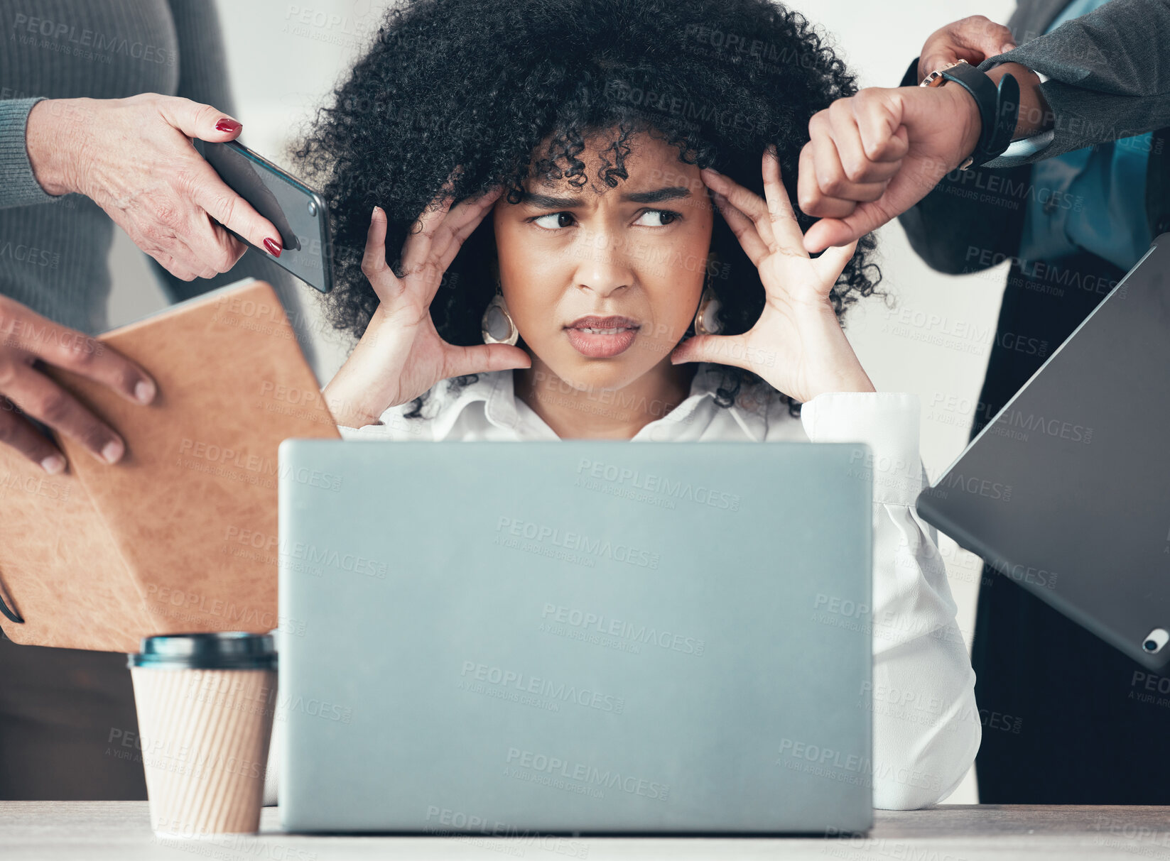 Buy stock photo Business, woman and laptop with multitasking or stress from team pressure, deadline or time management. Hands, headache and employee with phone call, late and burnout in office with migraine or chaos