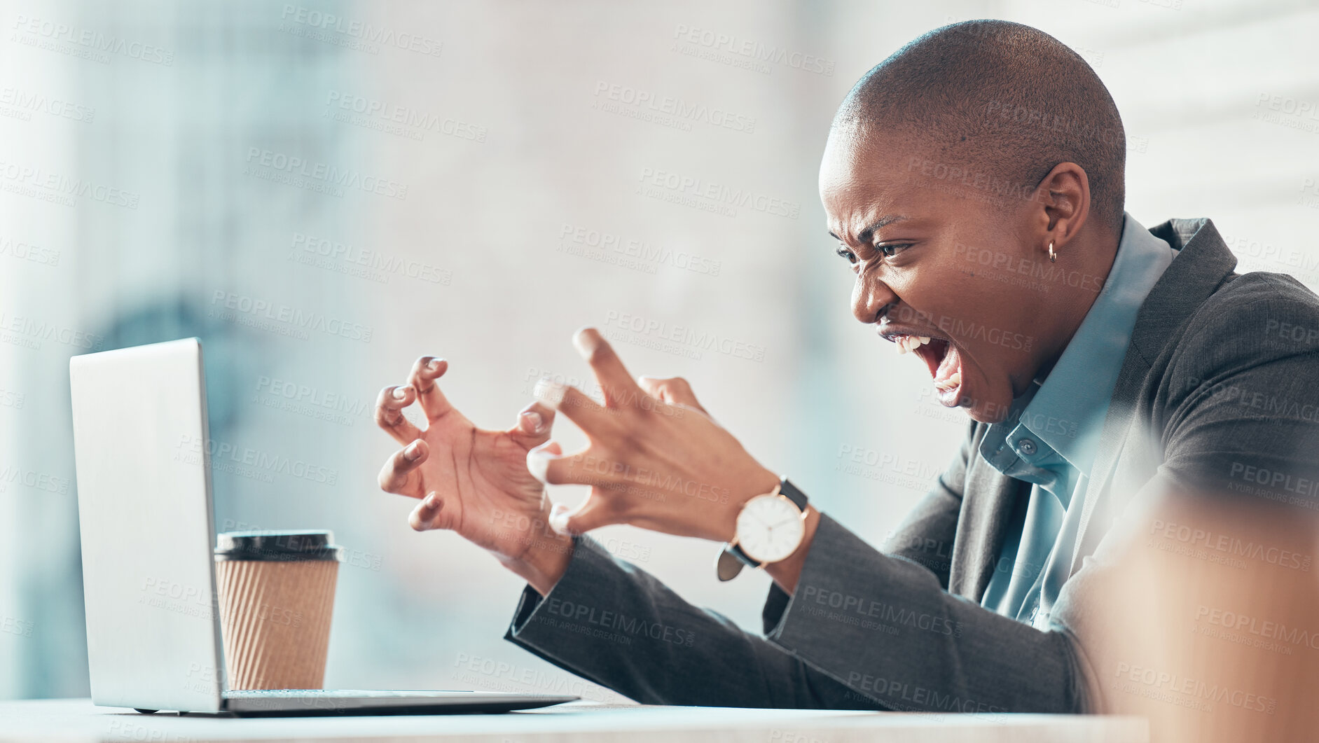 Buy stock photo Laptop, angry and African businesswoman at desk for stress, internet banking and debt or tax. Frustrated, corporate female person and screaming in workplace for compliance, glitch and mistake 