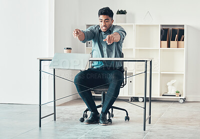 Buy stock photo Angry, businessman and smash laptop at desk with stress, mental health and burnout for debt or tax. Frustrated, corporate male trader and screaming in workplace for compliance, glitch and mistake 