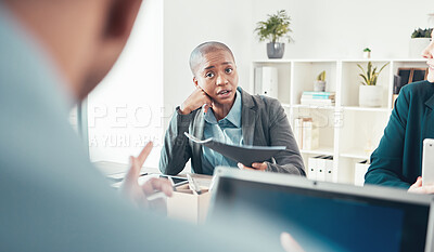 Buy stock photo Black woman, documents and meeting in office with team, anxiety and feedback for company. Businesswoman, discussion or group with technology for collaboration, brainstorming or management at table