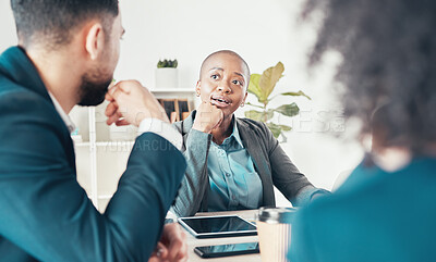 Buy stock photo Black woman, discussion and meeting in office with team, brainstorming and problem solving for company. Female leader, talking or group with technology for collaboration, idea or management at table