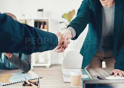 Buy stock photo Handshake, meeting and business people in office for agreement, integration or b2b deal partnership. Welcome, recruitment and hr shaking hands with new employee for onboarding contract in workplace.