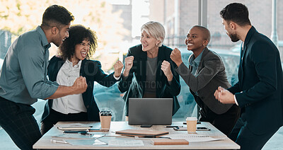 Buy stock photo Meeting, success and motivation with a business team in the boardroom in celebration of a target or goal. Corporate, wow and support with a group of corporate colleagues cheering in their office