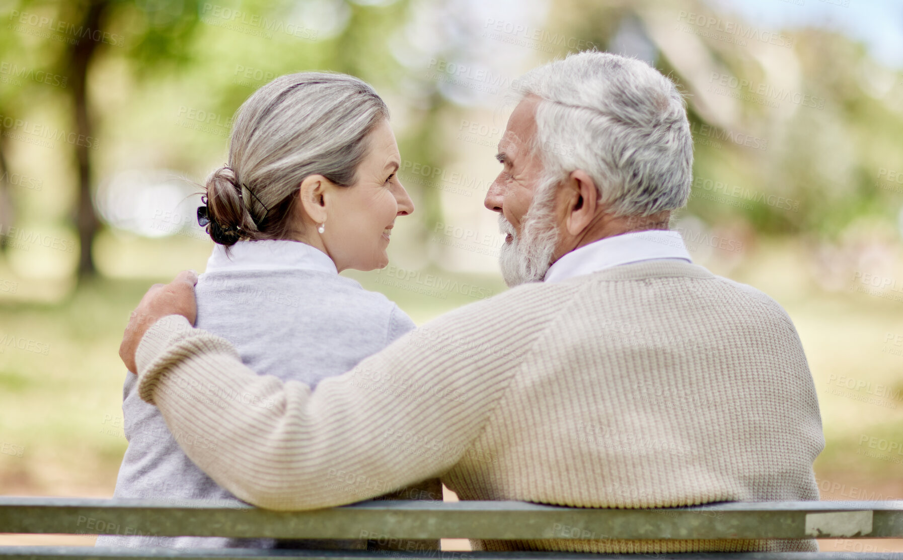 Buy stock photo Back, senior couple and hug in park with love and view of nature, retirement together and peace. Elderly man, woman and marriage with commitment, relationship and pension with trust and care outdoor