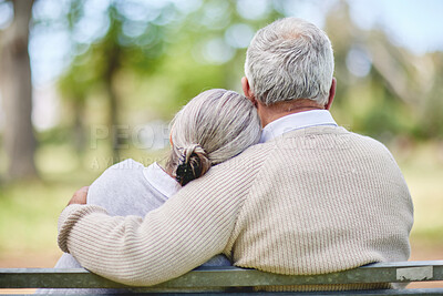 Buy stock photo Back view of old couple, hug in park with love and view of nature, retirement together and peace. Elderly man, woman and marriage with commitment, relationship and pension with trust and care outdoor