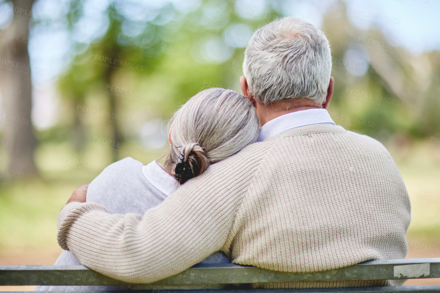 Buy stock photo Back view of old couple, hug in park with love and view of nature, retirement together and peace. Elderly man, woman and marriage with commitment, relationship and pension with trust and care outdoor