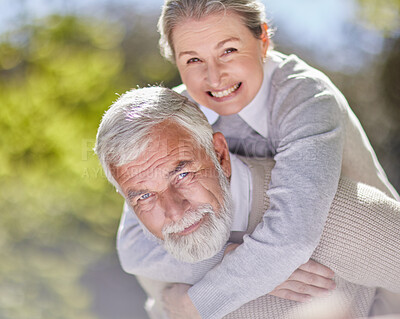 Buy stock photo Piggyback, senior man and woman with portrait in nature for love, support and happy for retirement. Couple, wellness and care in park for holiday, sunshine and weekend in countryside for summer