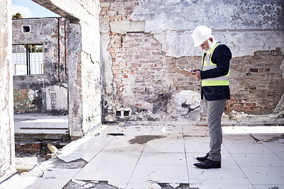 Buy stock photo Building, disaster and engineer with clipboard and helmet for notes, planning and project. Mature man, construction and paperwork for design, carpenter or site manager and writing list for insurance 