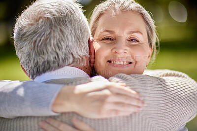 Buy stock photo Portrait, senior woman and hug in garden with husband, support and happy for retirement. Smile, female person and love in nature for holiday, care and weekend in countryside with sunshine for summer